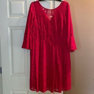 Lane Bryant lined, red lace party dress with bell sleeves